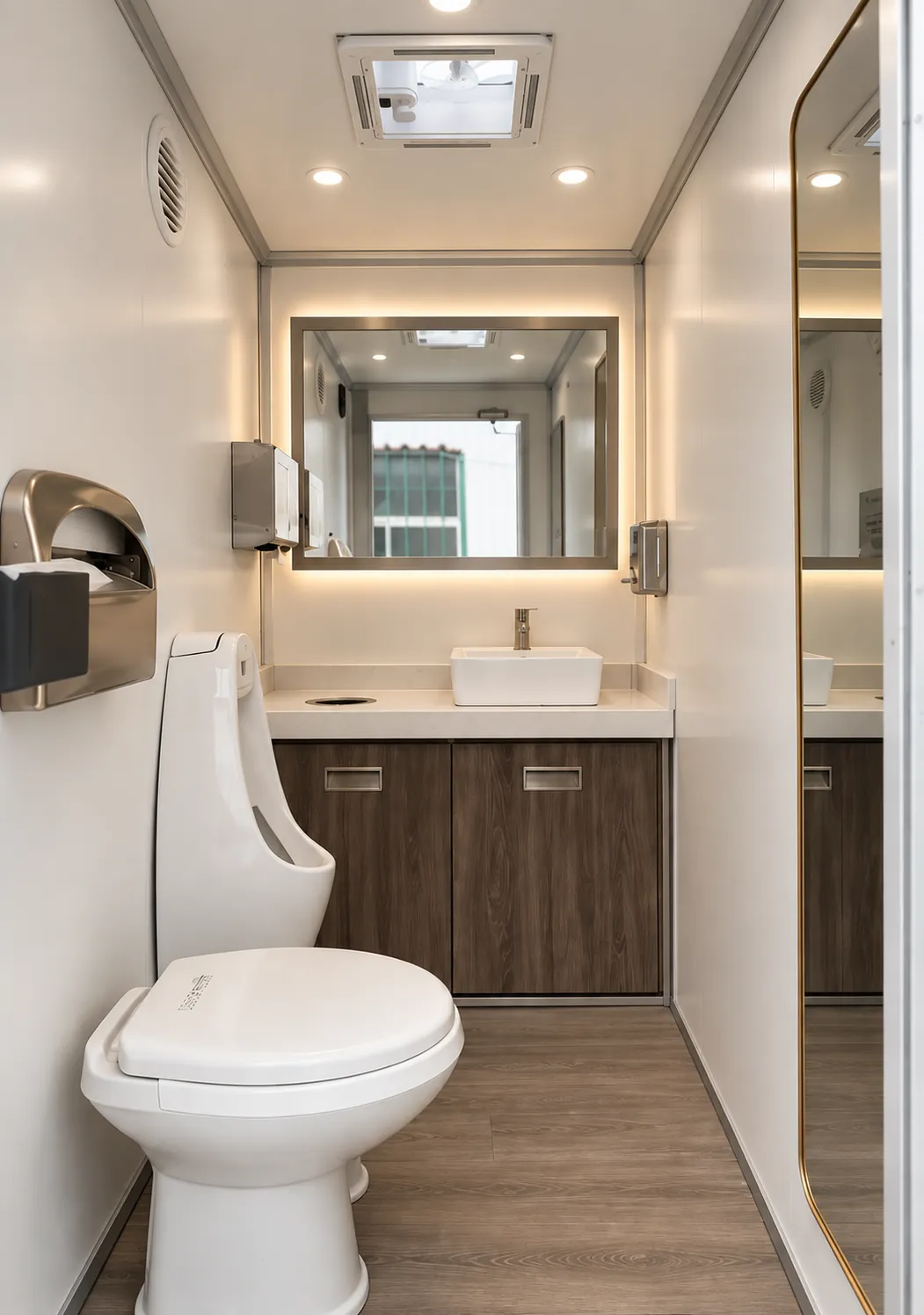 Interior of a 2-stall restroom trailer with a real sink, mirror and finished walls