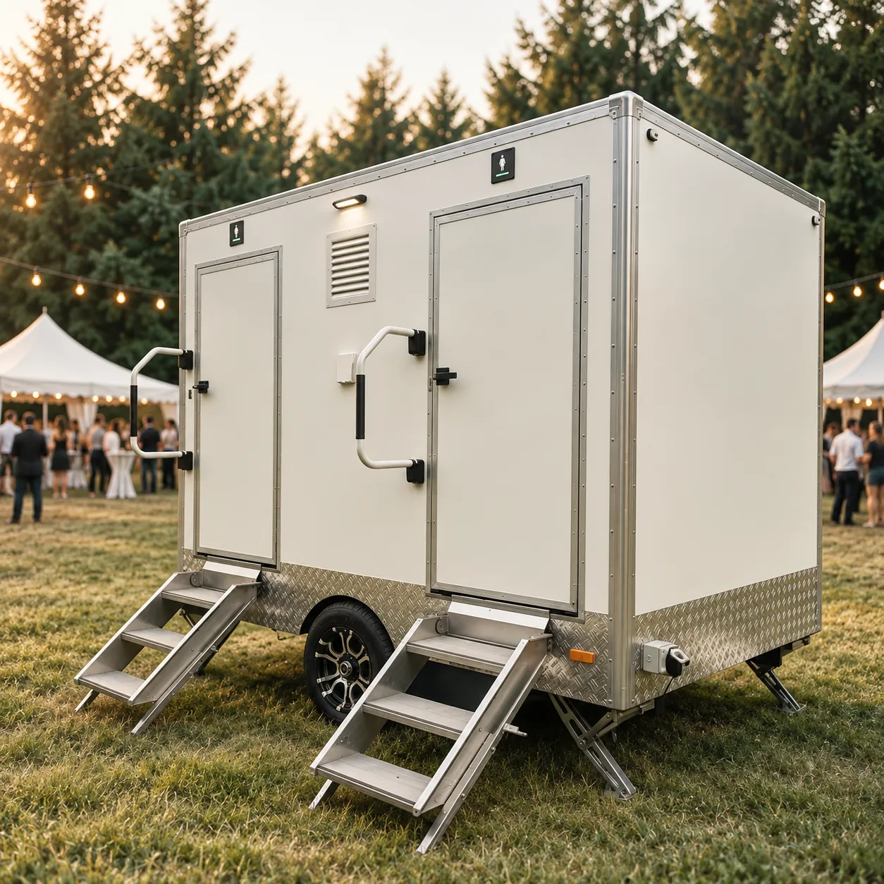 Exterior view of a 2-stall restroom trailer at an outdoor Minnesota event